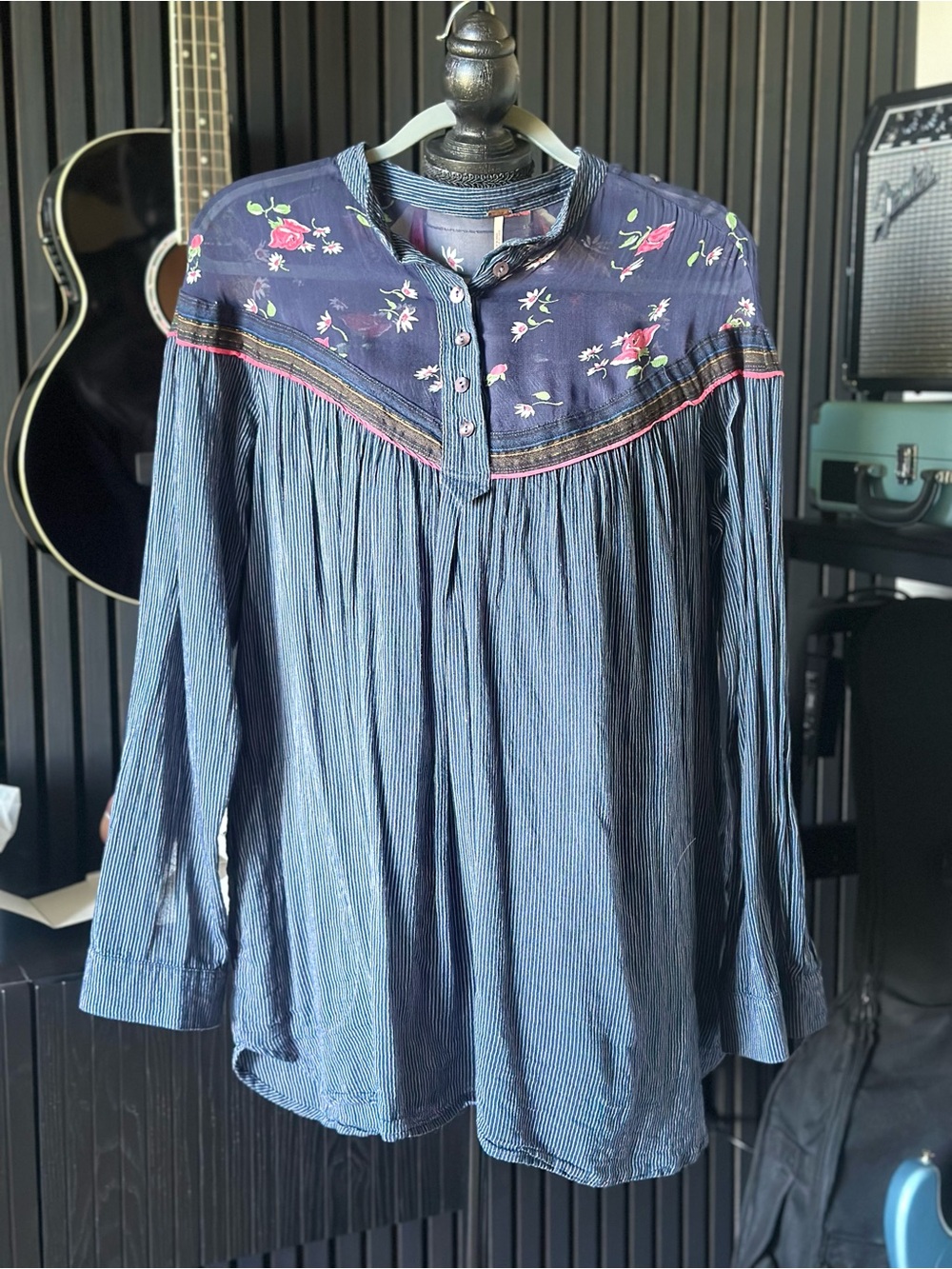 Free People Floral Sheer Yoke Boho Tunic Top Navy Blue Striped Size Medium